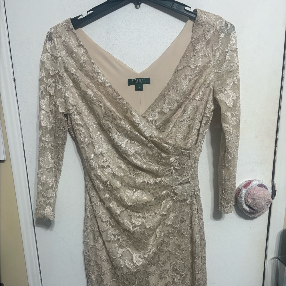 Ralph Lauren Lace Long Sleeve Dress in champagne. Size 8 Special occasions